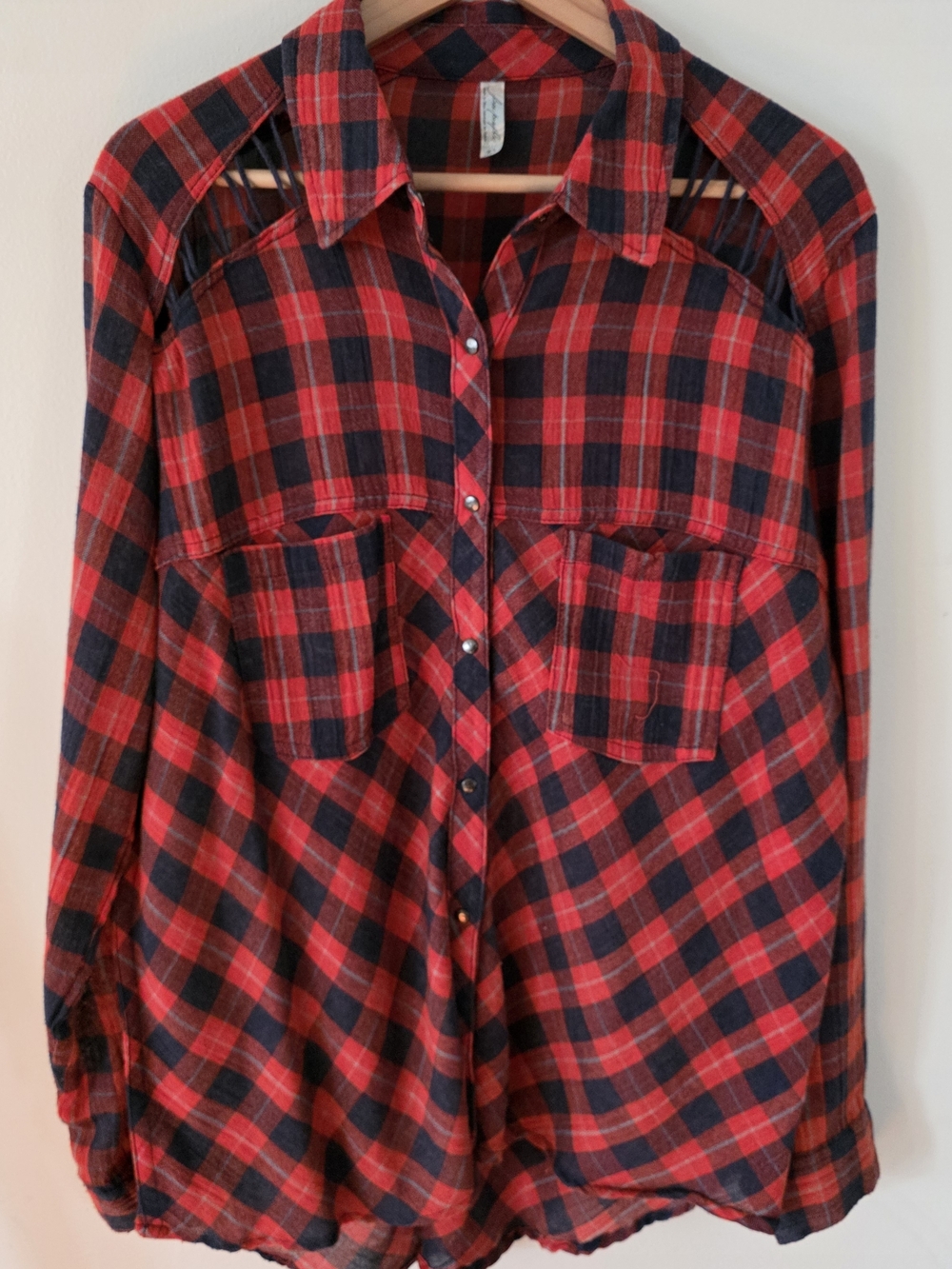 Free People Red Black Plaid Flannel Strappy Shoulder Cutout Shirt 90s Grunge‎
